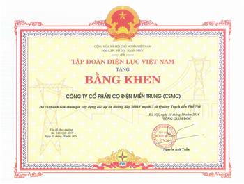 Bằng Khen của Tập Đoàn Điện Lực Việt Nam (EVN) trao tặng